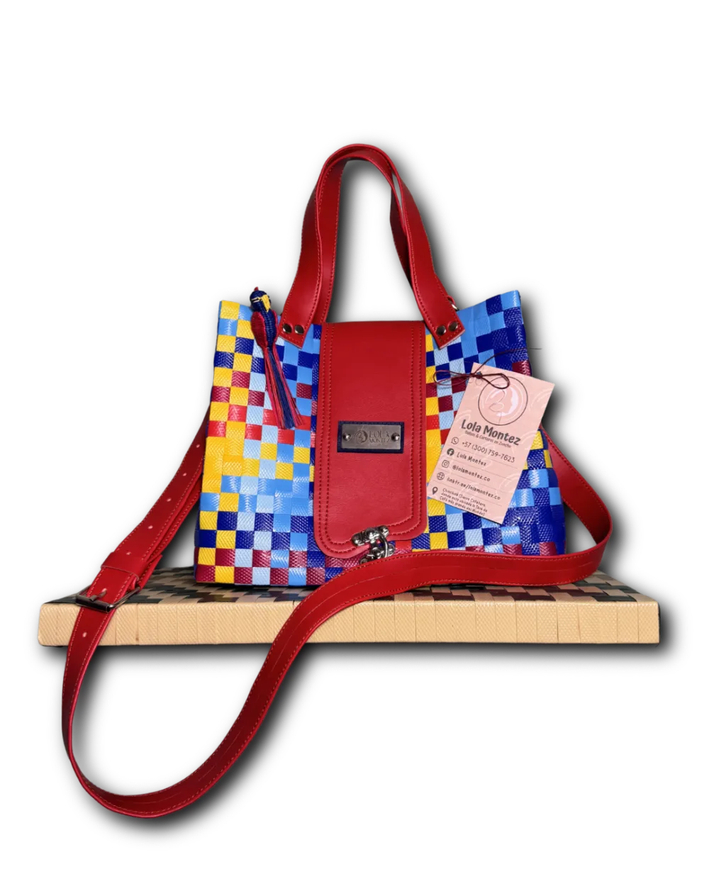 Bolso Aura rojo vibrante con azul y amarillo