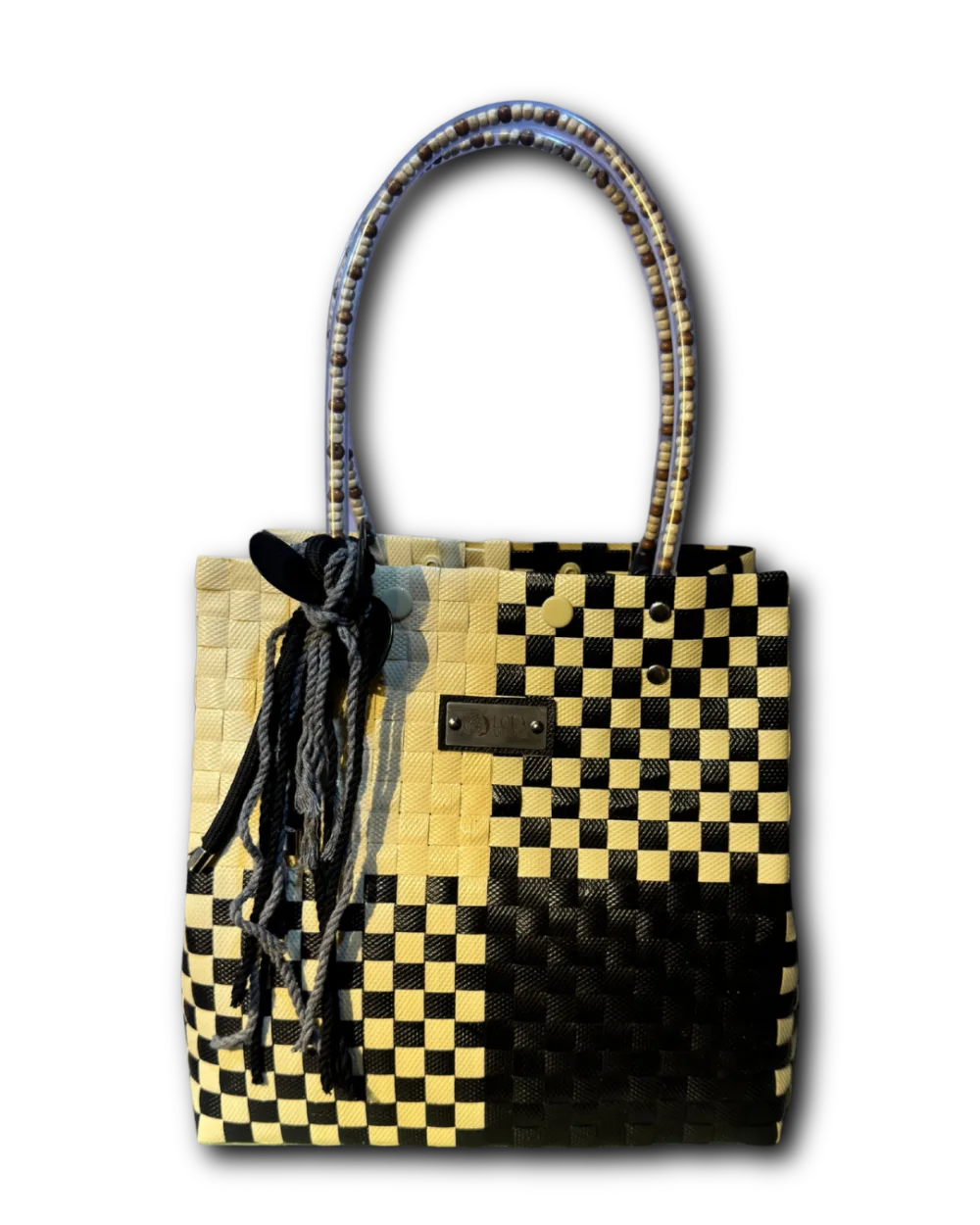 Bolso Pequeño Tesoro en tonos beige y negro con manijas de lona